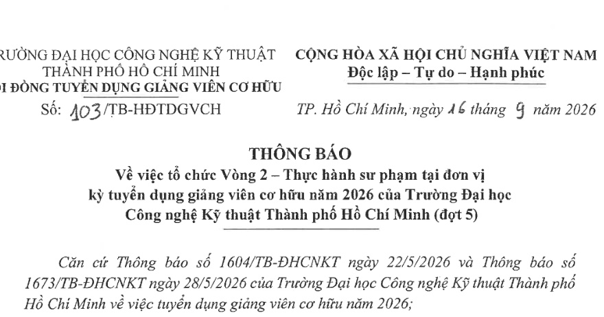 Thông báo về việc tổ chức Vòng 2 – Thực hành sư phạm tại đơn vị kỳ tuyển dụng giảng viên cơ hữu năm 2026 của Trường Đại học Công nghệ Kỹ thuật Thành phố Hồ Chí Minh (đợt 5)