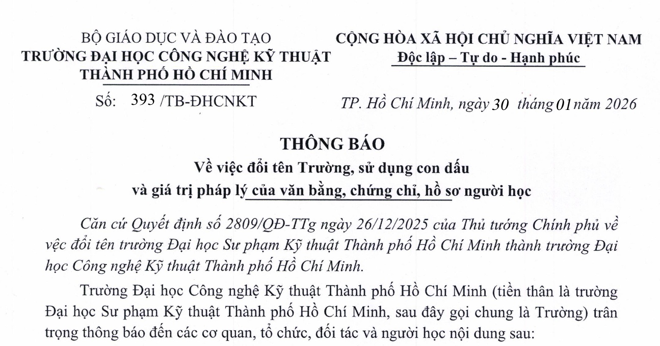 Thông báo về việc đổi tên Trường, sử dụng con dấu và giá trị pháp lý của văn bằng, chứng chỉ, hồ sơ người học