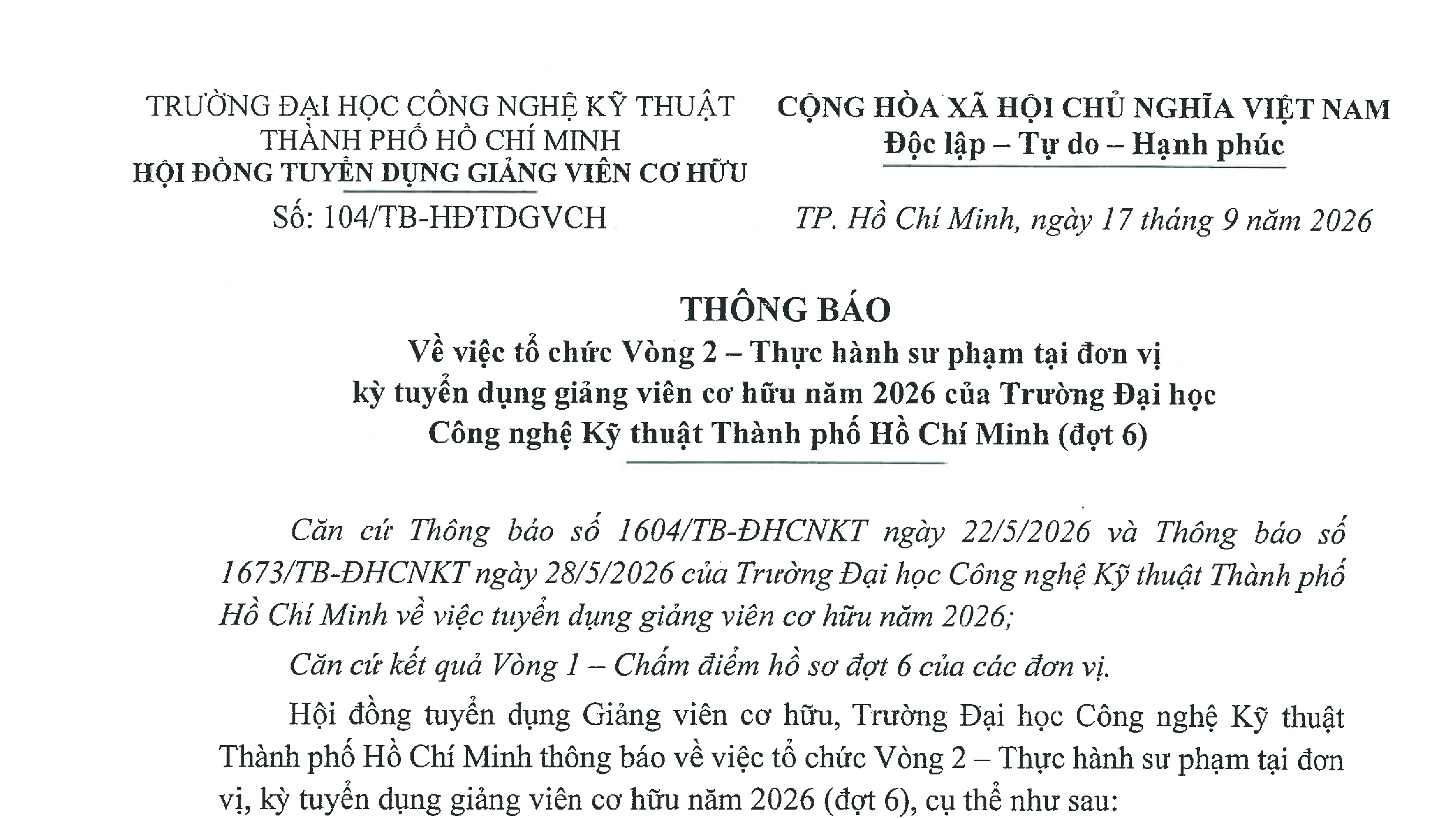 Thông báo vv tổ chức Vòng 2 - kỳ tuyển dụng giảng viên cơ hữu năm 2026 (đợt 6)