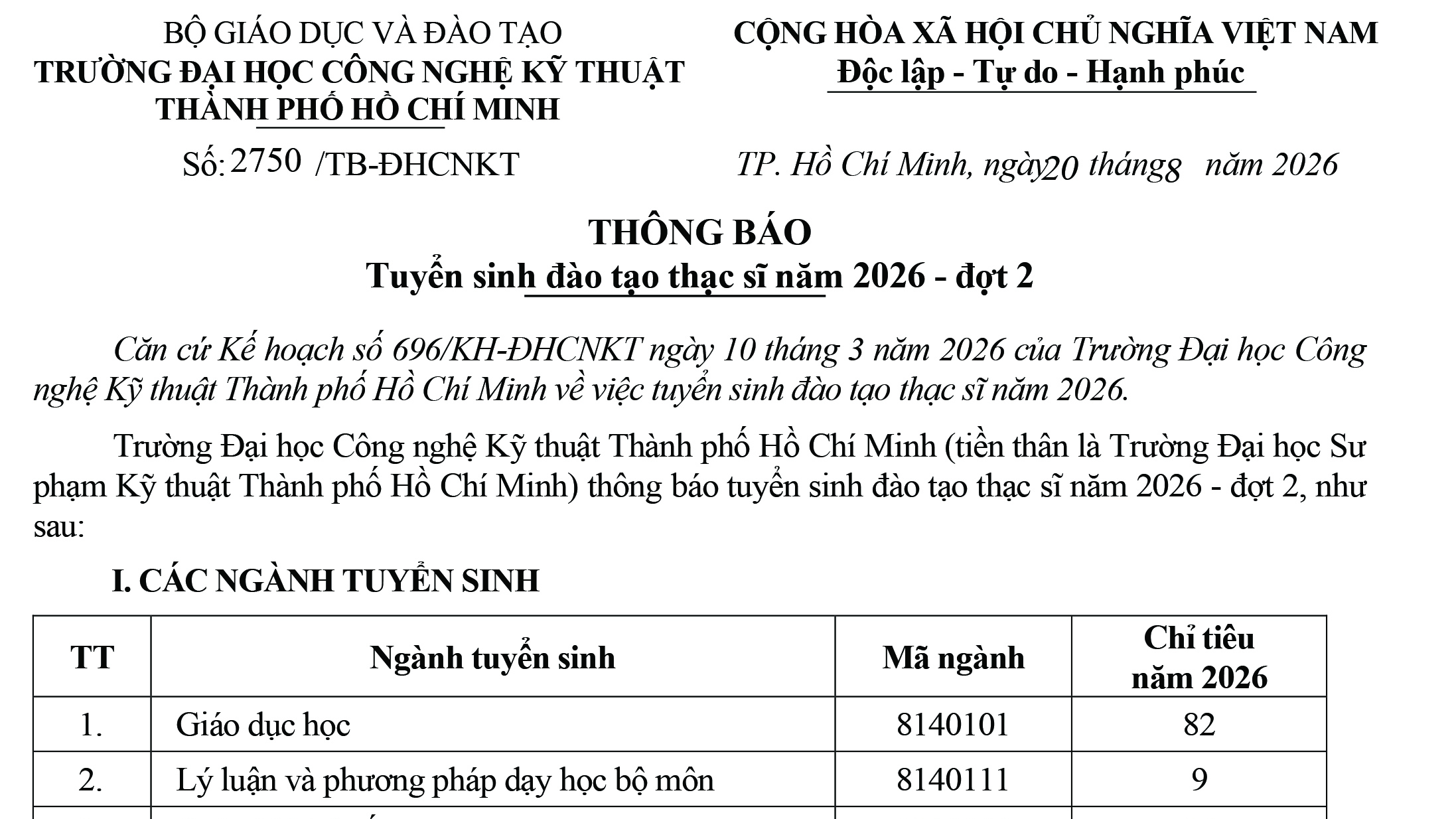 Thông báo tuyển sinh đào tạo thạc sĩ năm 2026 - đợt 2
