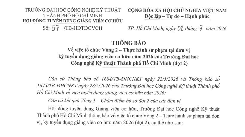 Thông báo về việc tổ chức Vòng 2 – Thực hành sư phạm tại đơn vị kỳ tuyển dụng giảng viên cơ hữu năm 2026 của Trường Đại học Công nghệ Kỹ thuật Thành phố Hồ Chí Minh (đợt 2)