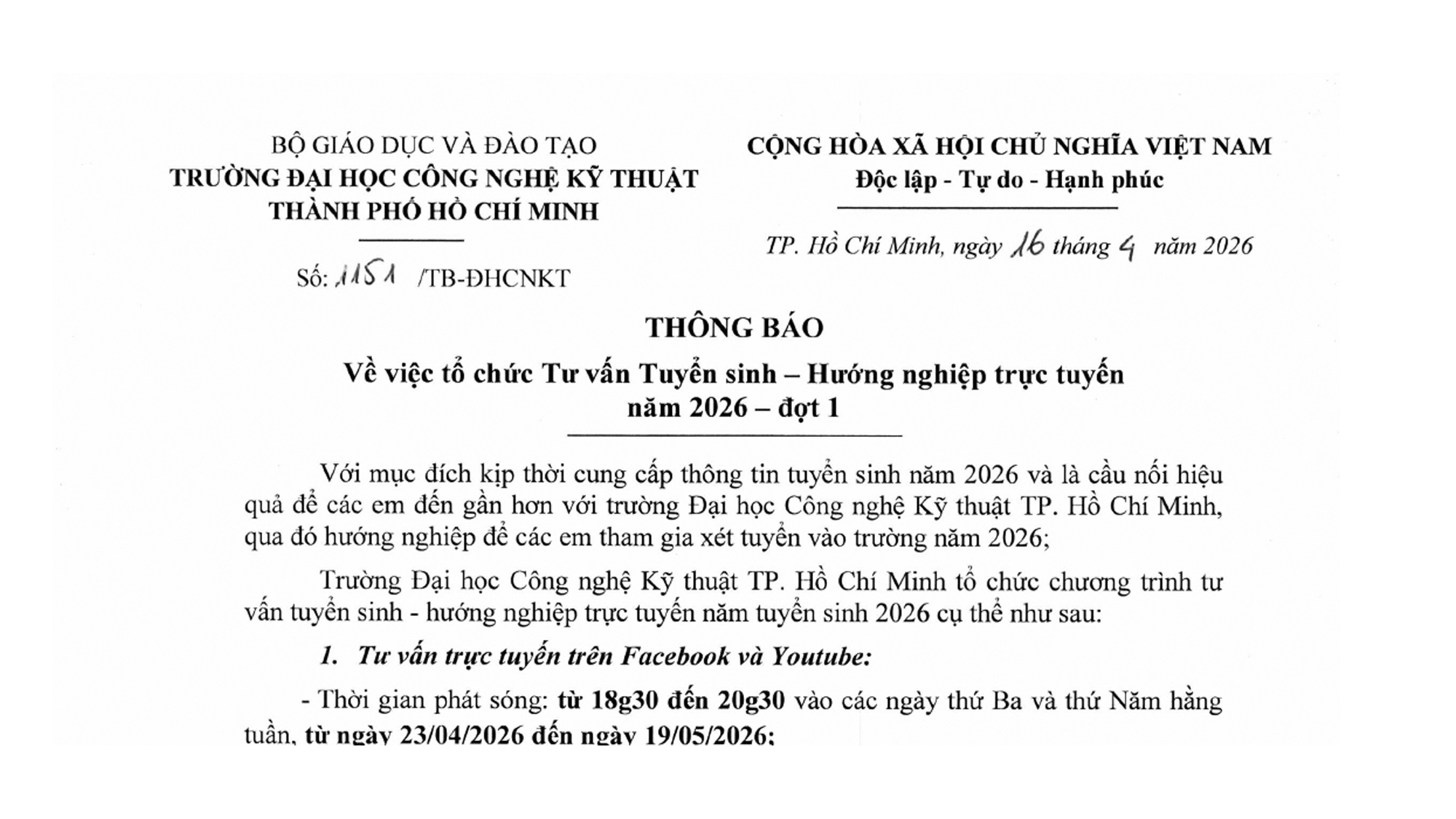 Thông báo về việc tổ chức tư vấn tuyển sinh - hướng nghiệp trực tuyến đợt 1 năm 2026