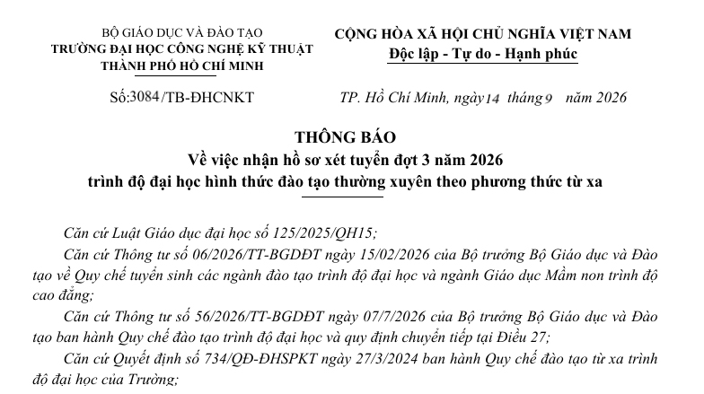 Thông báo về việc nhận hồ sơ xét tuyển đợt 3 năm 2026 trình độ đại học hình thức đào tạo thường xuyên theo phương thức từ xa