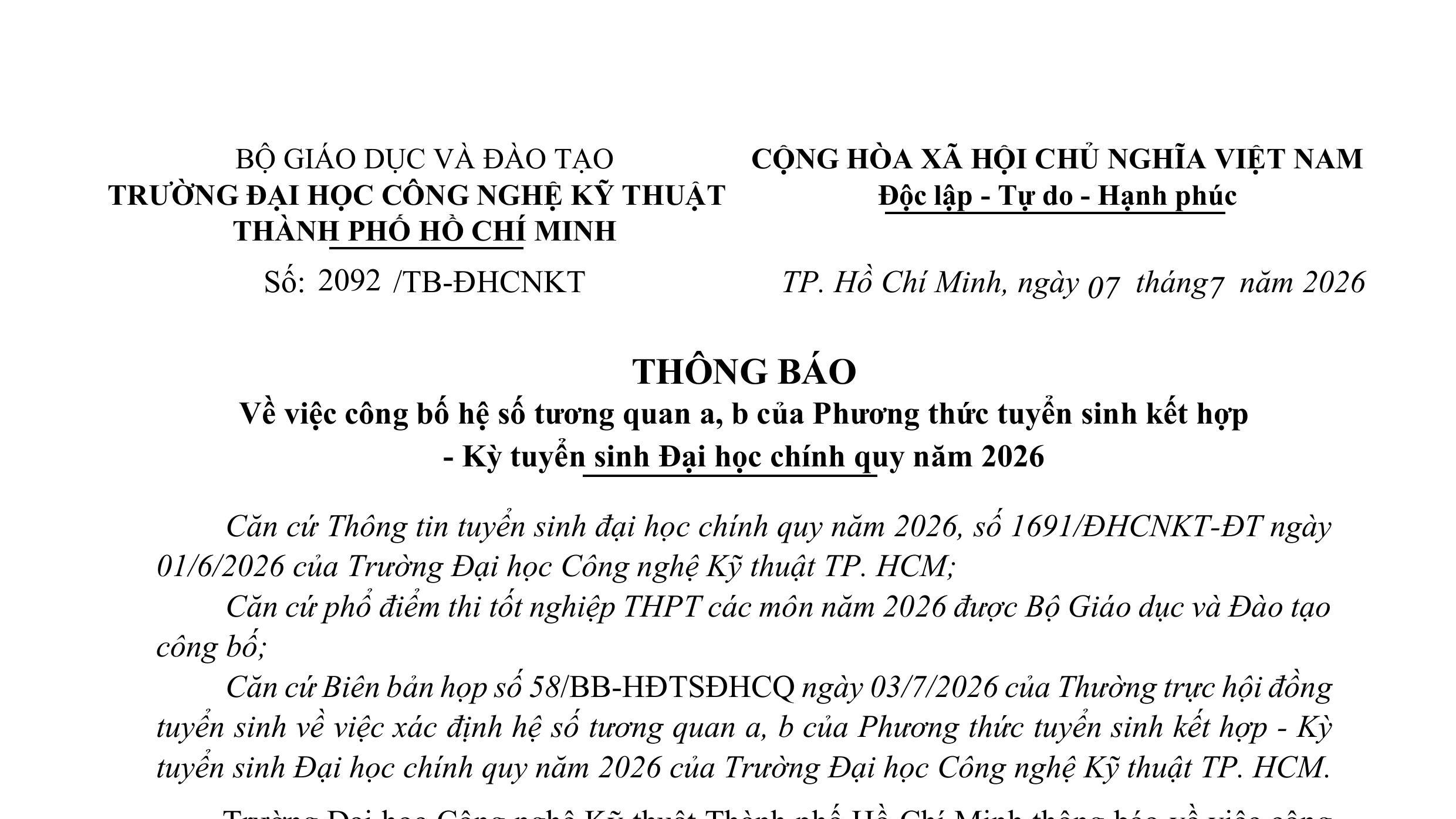 Thông báo về việc công bố hệ số tương quan a, b của Phương thức tuyển sinh kết hợp - Kỳ tuyển sinh Đại học chính quy năm 2026