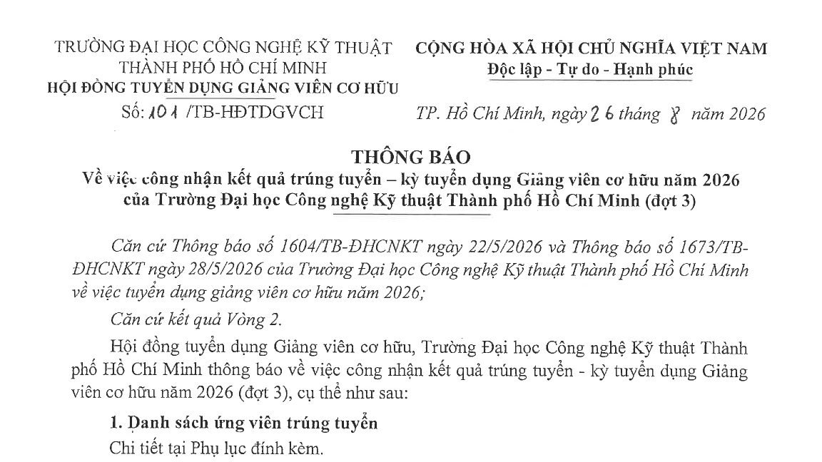 Thông báo về việc công nhận kết quả trúng tuyển - kỳ tuyển dụng giảng viên cơ hữu năm 2026 (đợt 3)