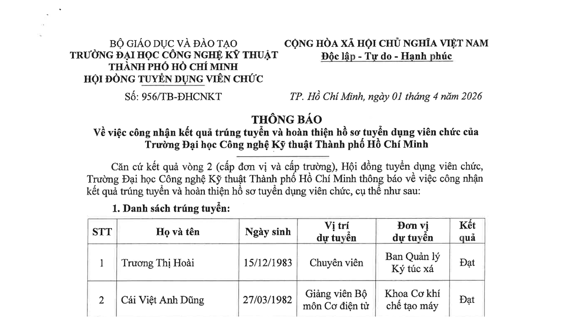 Thông báo công nhận kết quả trúng tuyển và hoàn thiện hồ sơ tuyển dụng viên chức