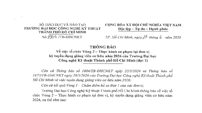 Thông báo vv tổ chức vòng 2-kỳ tuyển dụng giảng viên cơ hữu năm 2026 (đợt 1)