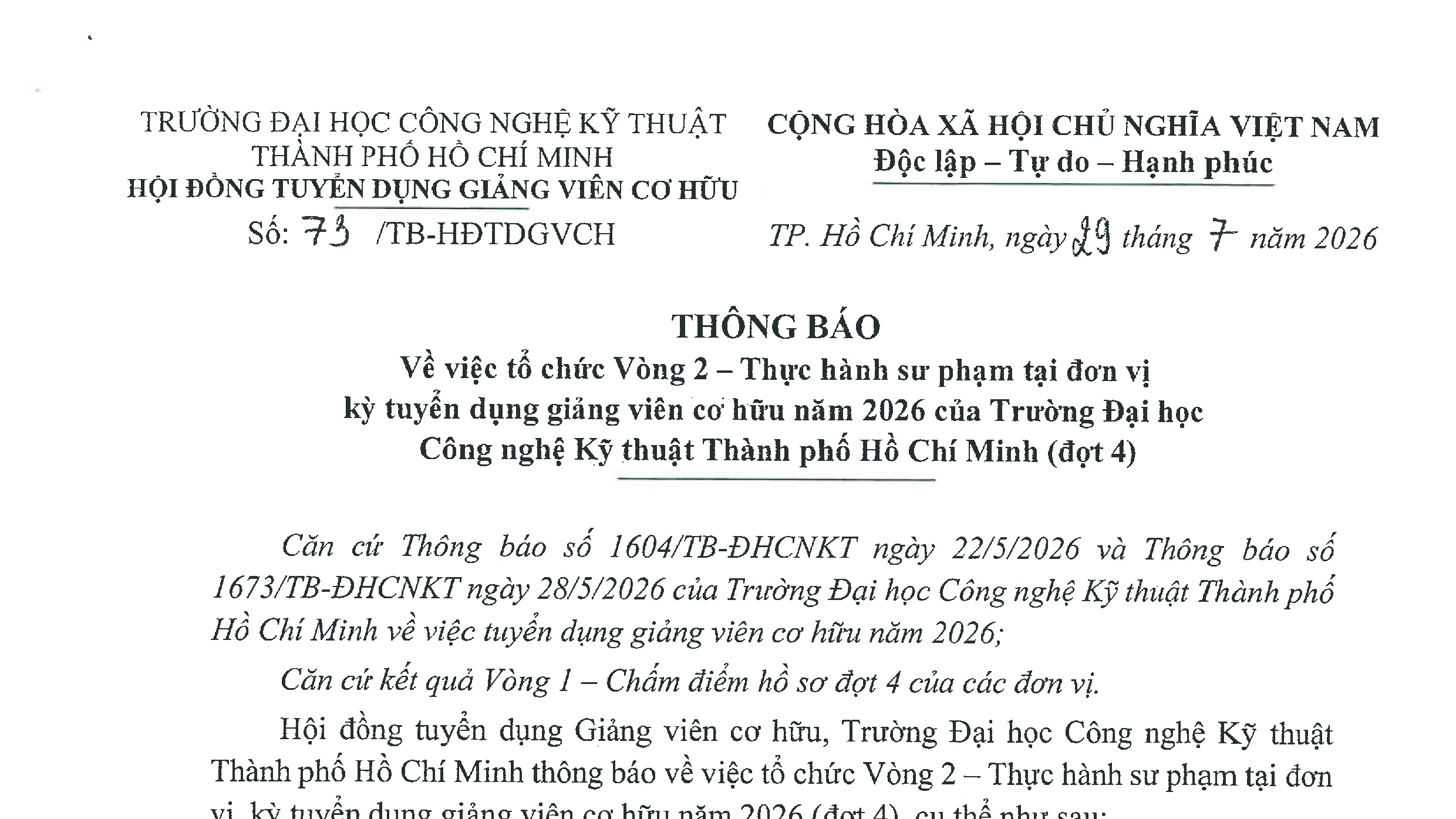 Thông báo vv tổ chức Vòng 2 - kỳ tuyển dụng giảng viên cơ hữu năm 2026 (đợt 4)