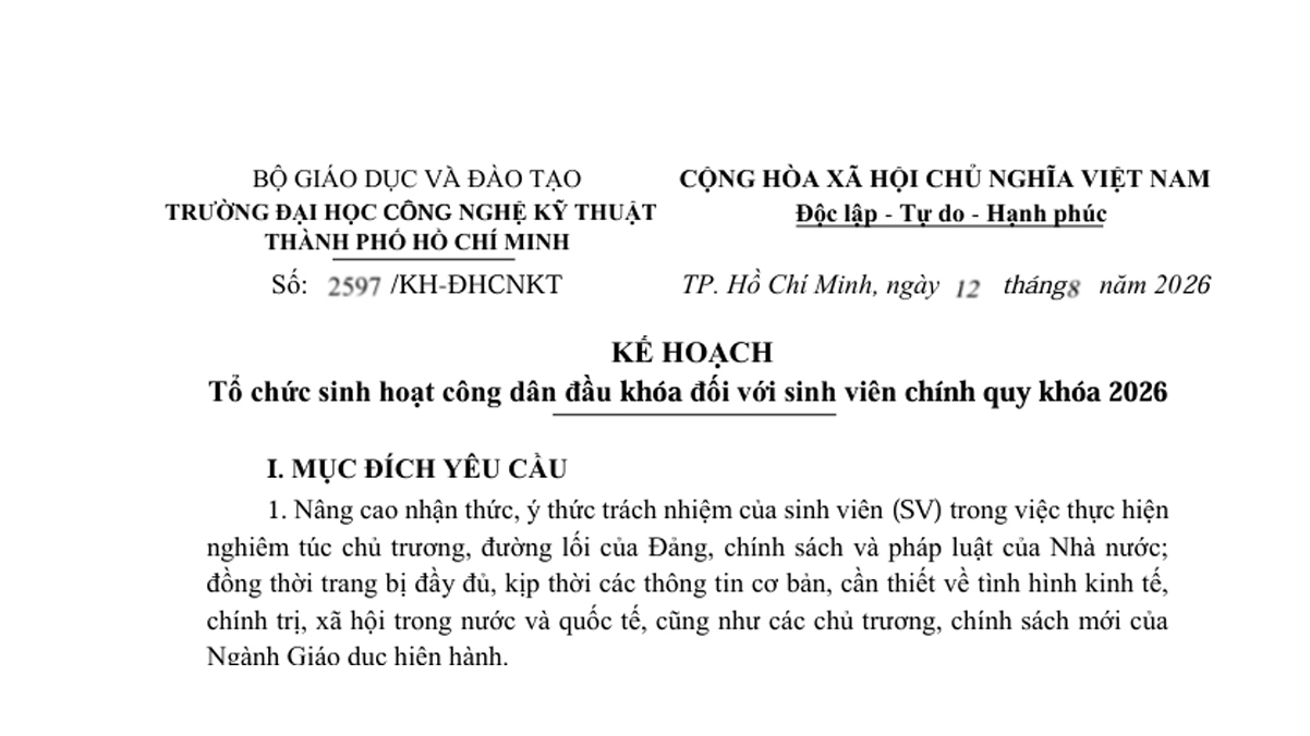 Kế hoạch tổ chức sinh hoạt công dân đầu khóa đối với sinh viên chính quy khóa 2026