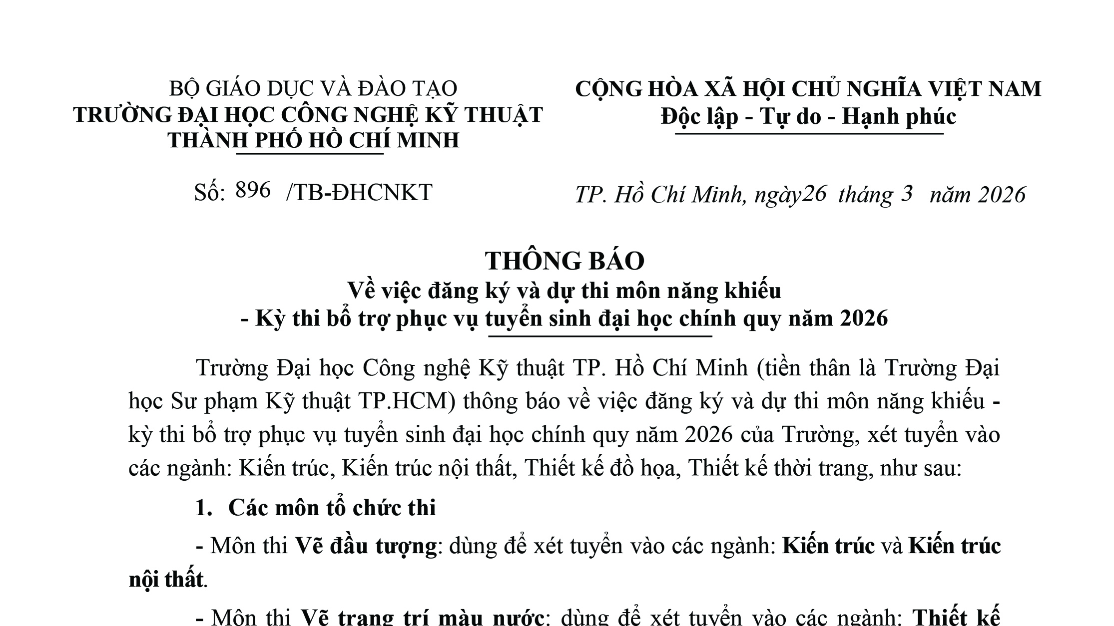 Thông báo về việc đăng ký và dự thi môn năng khiếu – Kỳ thi bổ trợ phục vụ tuyển sinh đại học chính quy năm 2026