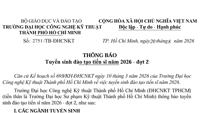 Thông báo tuyển sinh đào tạo tiến sĩ năm 2026 - đợt 2