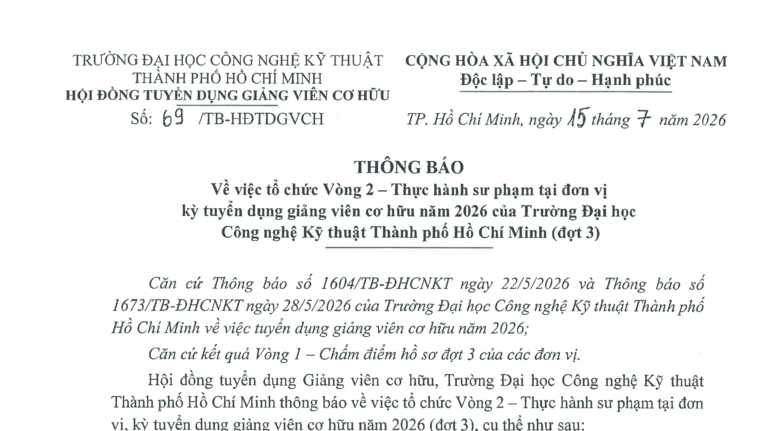 Thông báo vv tổ chức Vòng 2 - kỳ tuyển dụng giảng viên cơ hữu năm 2026 (đợt 3)