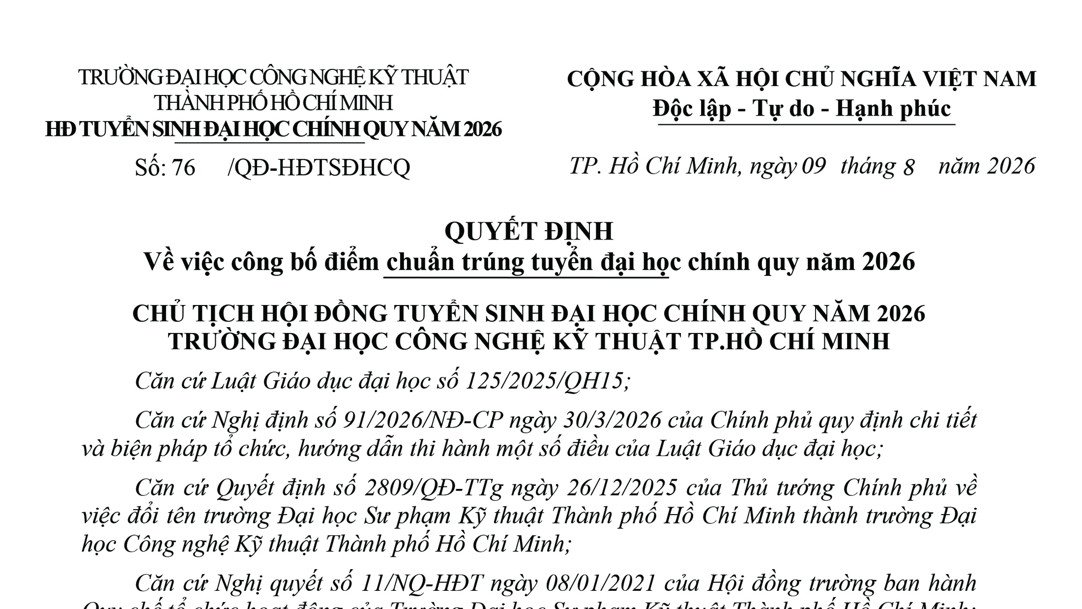 Thông báo về việc công bố điểm chuẩn trúng tuyển đại học chính quy năm 2026