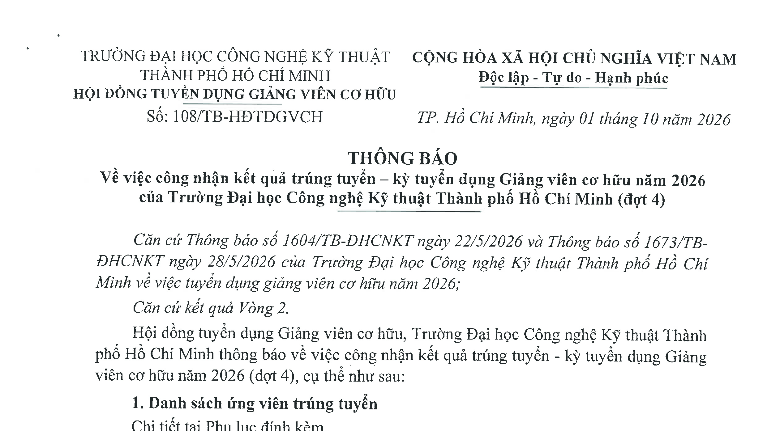 Thông báo vv công nhận kết quả trúng tuyển - kỳ tuyển dụng giảng viên cơ hữu năm 2026 (đợt 4)