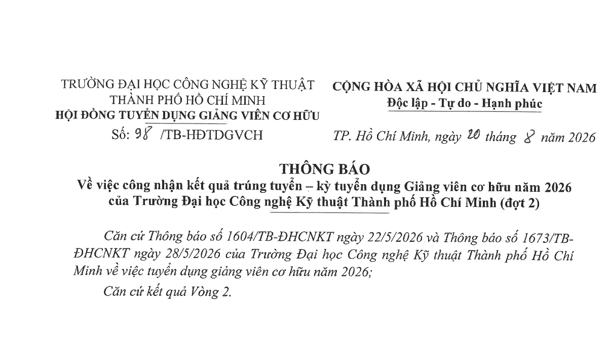 Thông báo về việc công nhận kết quả trúng tuyển – kỳ tuyển dụng Giảng viên cơ hữu năm 2026 của Trường Đại học Công nghệ Kỹ thuật Thành phố Hồ Chí Minh (đợt 2)