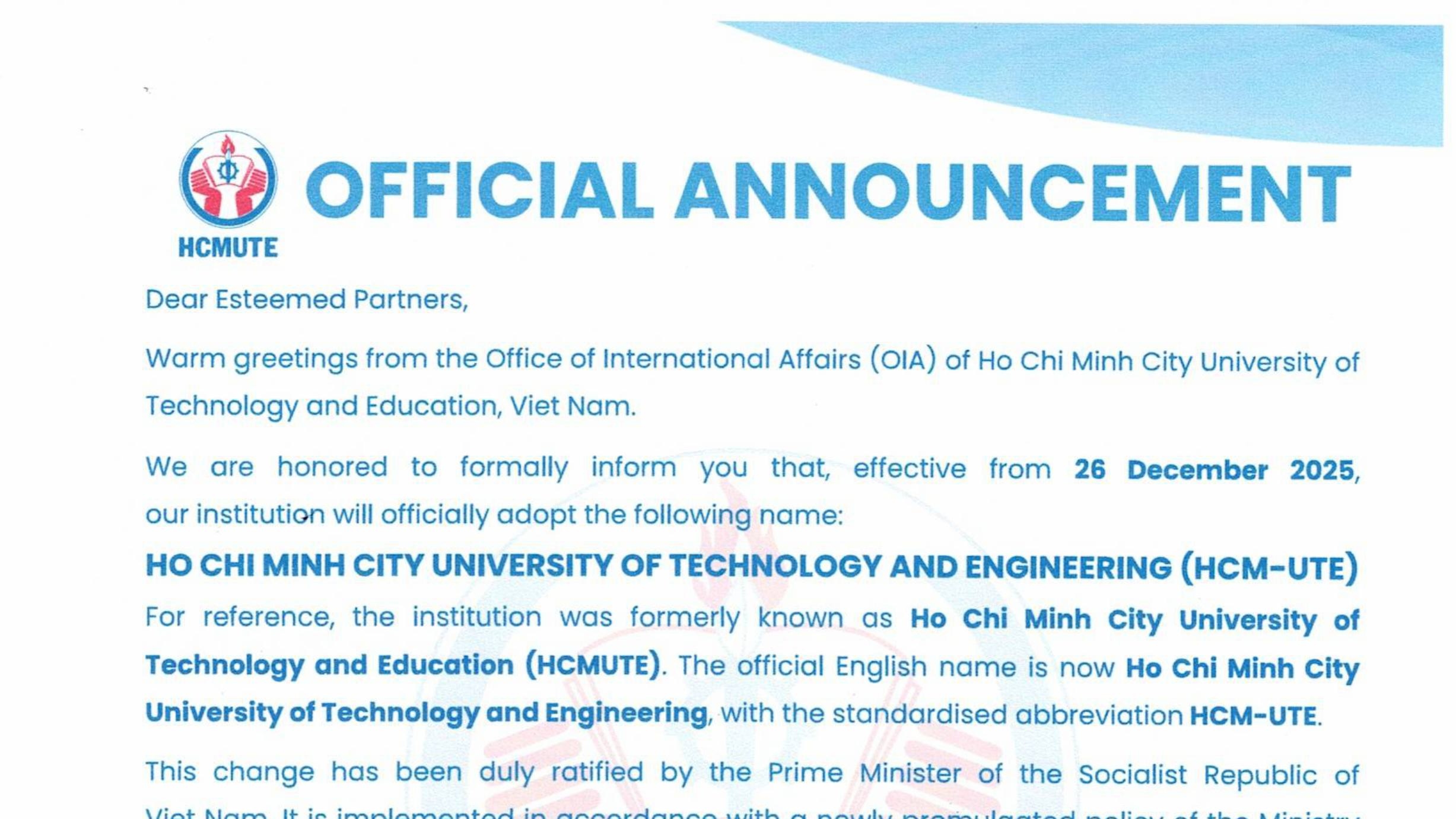 Announcement regarding the renaming of Ho Chi Minh City University of Technology and Education to Ho Chi Minh City University of Technology and Engineering